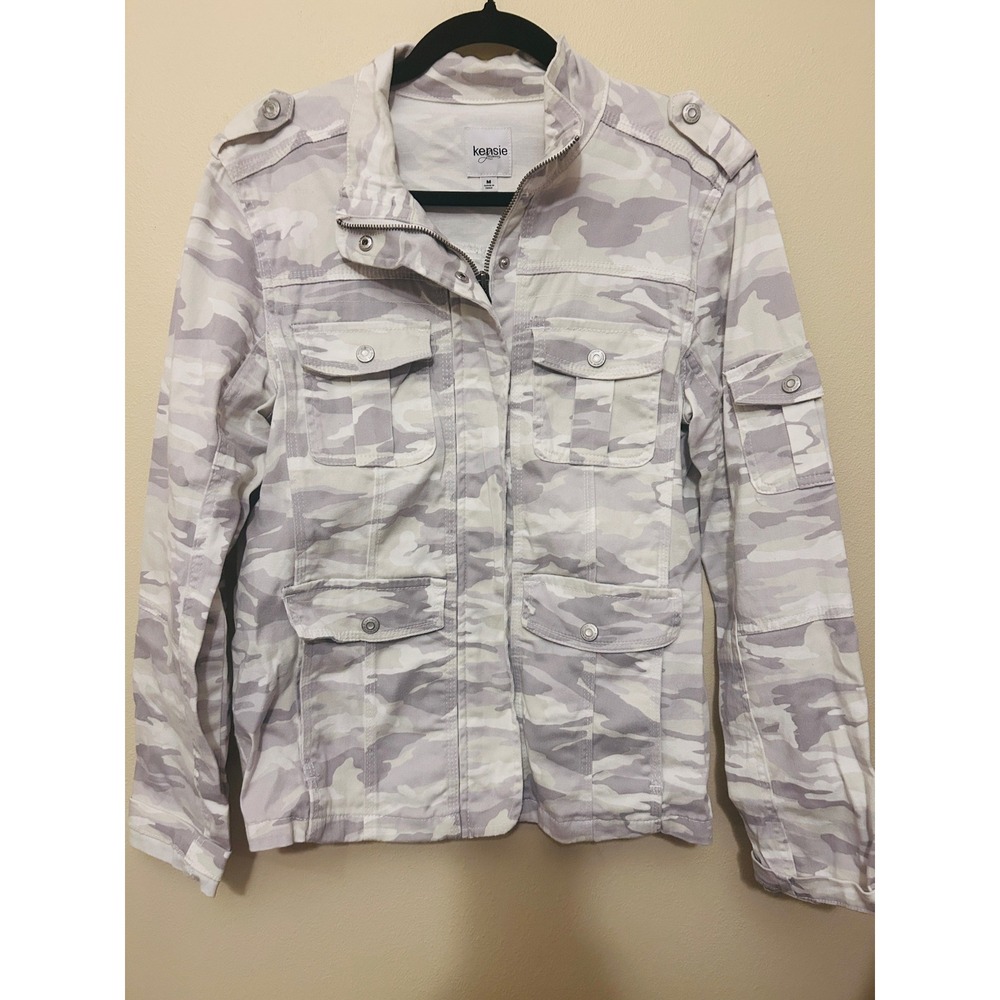Kensie Jeans Military Utility Jacket Womens Medium Grey White Camo Excellent Zip